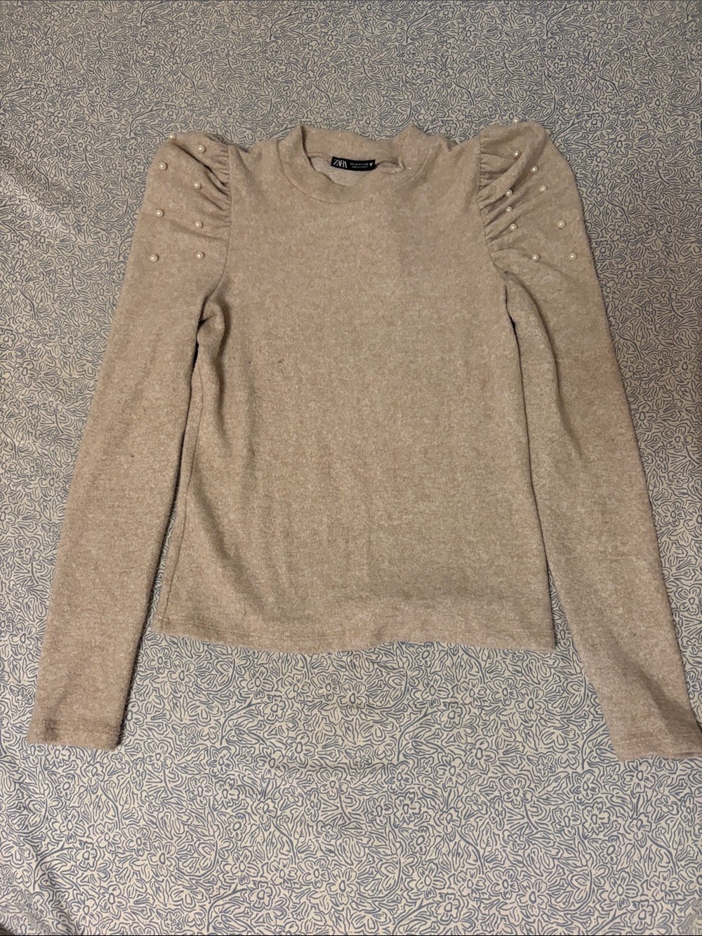 Zara Pearl-Embellished Tan Puff-Sleeve Sweater